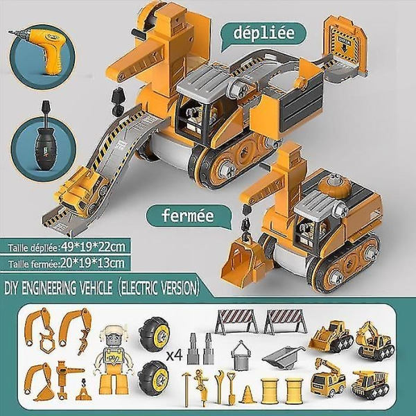 REMAKE Koottava Ajoneuvo Kuorma-auto DIY Rakennussarja Lapsille, 4 in 1 Tekninen Auto Sähköporalla, Koulutuksellinen Lahja
