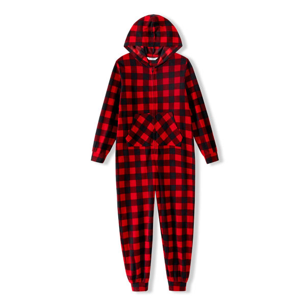 Julpyjamas för familjen - Röd Rutiga, Huva, Långärmad, Tjock Fleece, Dragkedja (Flamsäker) Röd/Svart Kvinna S