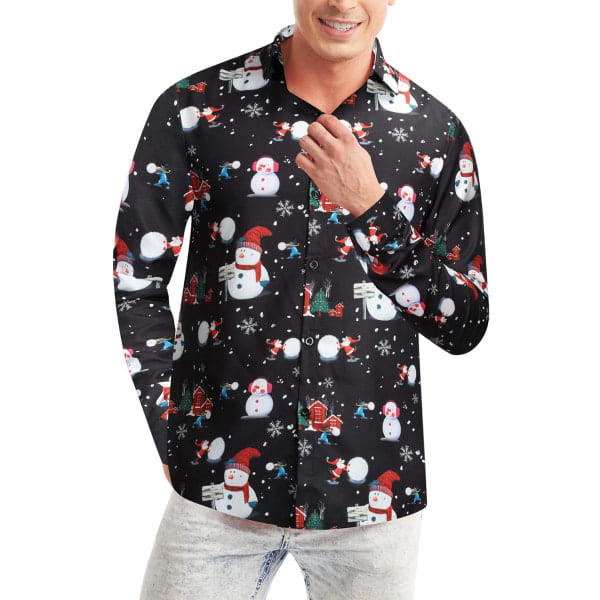 INIOR Men's Santa Claus Shirt Snowman Pure Long Sleeve 3D Printed Dress Shirt Snowman Black XX-Large