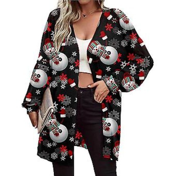 Dame Cardigan Jakke med Juleprint, Langærmet, Mode (XXL Sort Snemand)