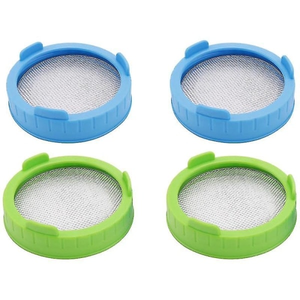 4-pack groddlock, plastgroddlock med rostfritt stål sil för breda burkar, groddning