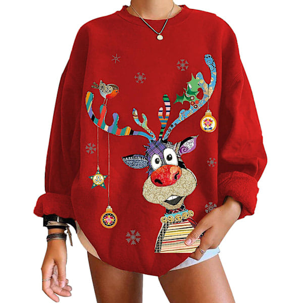 Christmas gift sweater for women, round neck, long sleeve, loose, moose print