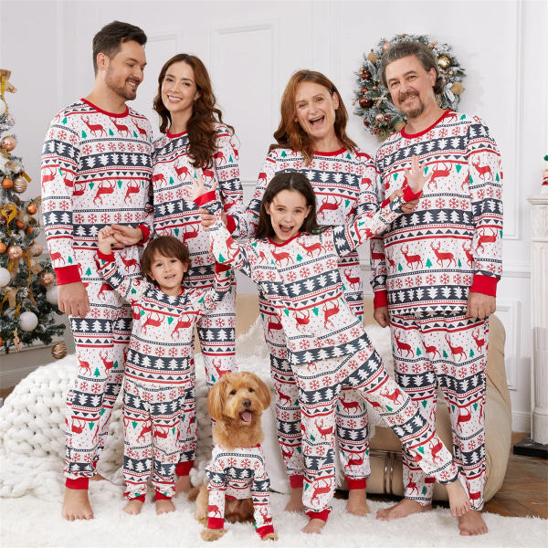 Julefamiliens Matchende Pyjamas med Allover Print Rød Familie Matchende Langærmet Pyjamas Sæt (Flammesikker) Rød-Hvid Mænd XL