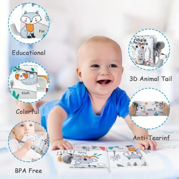 Multisensorisk Mjuk Tyg Babybok med 3D-svansar, Hållbar Tvättad Polyester