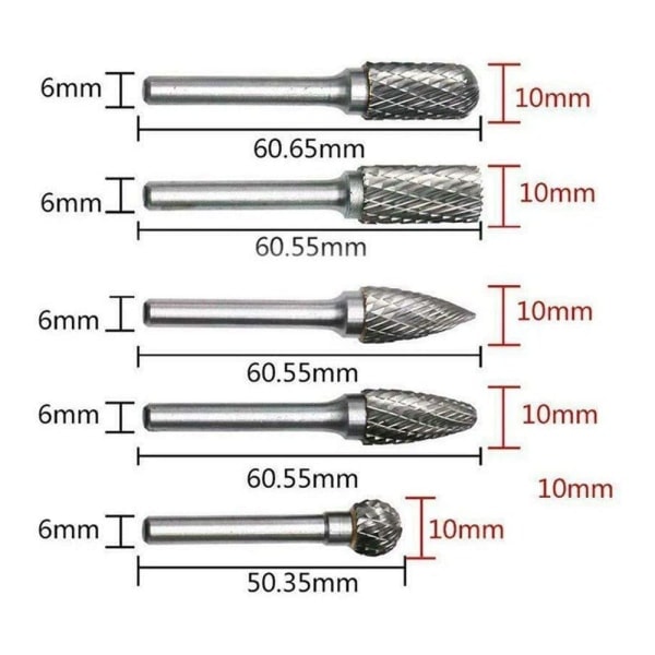 5 st. Karbid-Tungstenfräsar, Dubbelslipad, Rotationsfrässet, Sliphuvud, Metallfräs