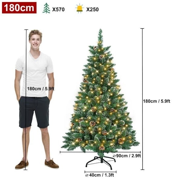 REMAKE UISEBRT 180 cm konstgjord julgran med 250 LED-lampor, stativ och kottar för dekoration, med belysning och vit snö