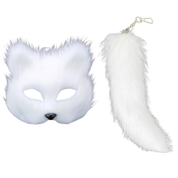REMAKE Kunstig Ræv Halefigur Kattemaske Therian Maske og Hale Halloween Cosplay Party - WELLNGS Hvid