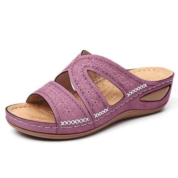 Läder Mjuka Innersulor Ortopediska Fotvalvsstöd Sandaler Plattformtofflor Sandaler Kvinnor Broderade Skor-Lila lila 40