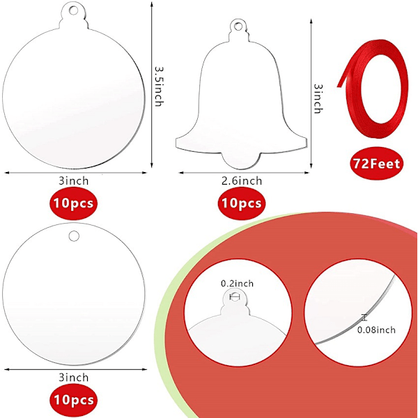 Julgranskulor, 30 st 3 tum Julklara Akrylblanks med Rött Band för Julgranspynt Hängande Dekoration DIY Blank