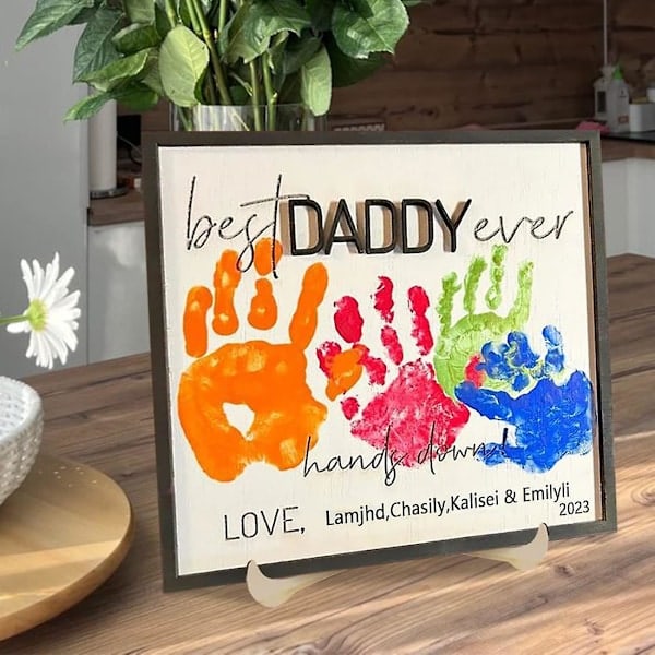 Father's Day Gifts, Father's Day DIY Handprint Wood Sign Best Dad Ever Hands Down Sign