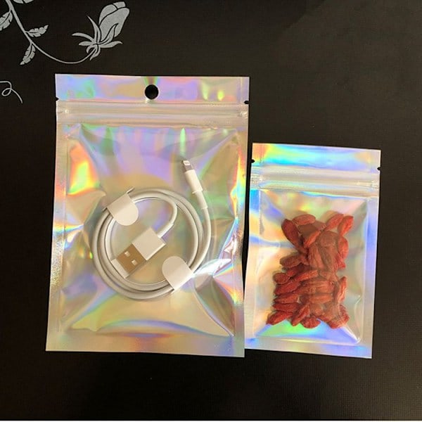 Holografisk Förpackningsväska 100 stycken, Återförslutningsbar Zip Lock Matförvaringsväska, Holografisk Zip Lock Mylar 10*15cm