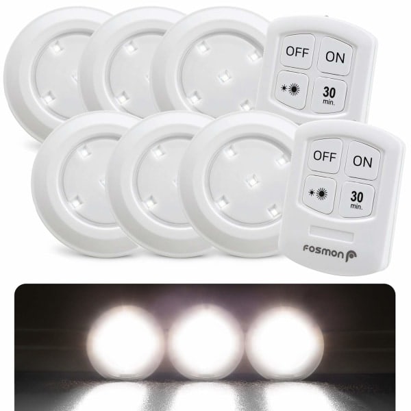 Trådlös LED-Pucklampa med Fjärrkontroll, 5 Dagsljus, Vit LED, 30-Minuters Timer, Pantry, Bänk, 6-pack