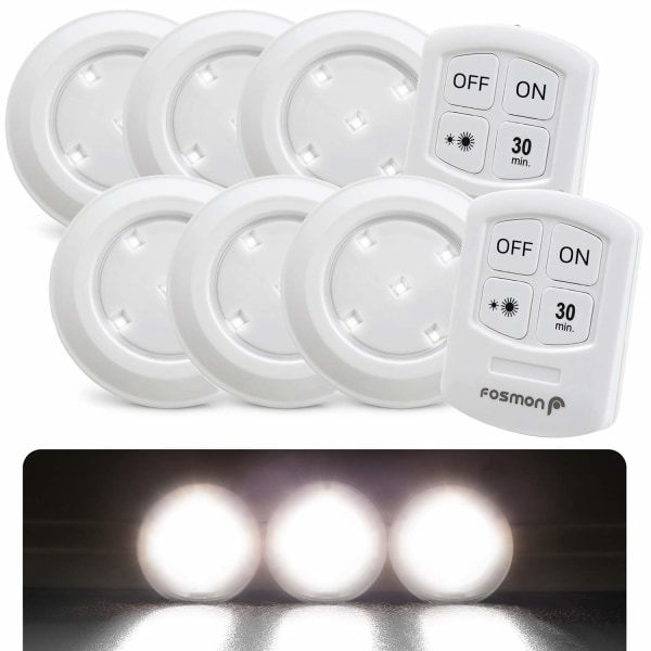 Trådløs LED-pucklampe med fjernkontroll, 5 dagslys, hvit LED, 30 minutters timer, pantry, benk, 6-pakning