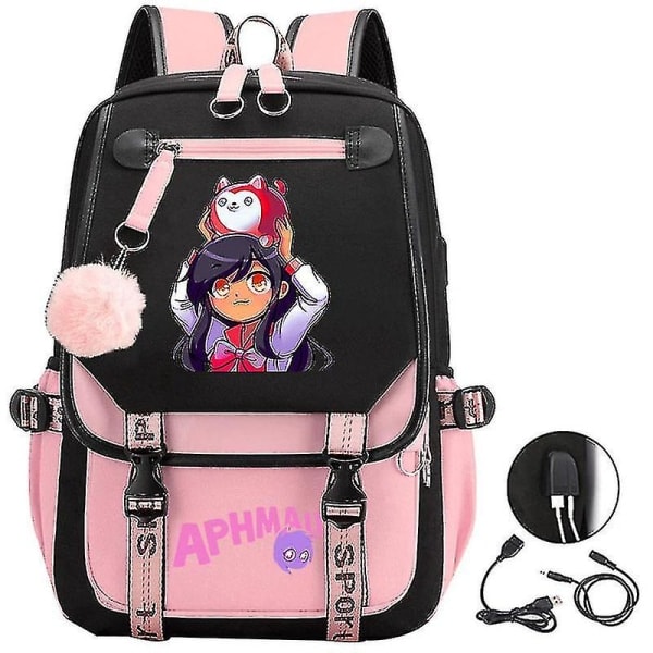 Aphmau Anime -reppu 3D-tulostettu piirretty Oxford-vesitiivis täyspyöreä USB-koululaukku pojille ja tytöille, opiskelijoille, suuri kapasiteetti -yvan 5