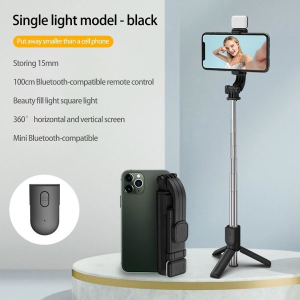 Sæt Selfie Stick Foldbar 360 Graders Rotation Højdejusterbar Med Fyldlys Fjernbetjening Trådløs Telefonholder Sortgrøn