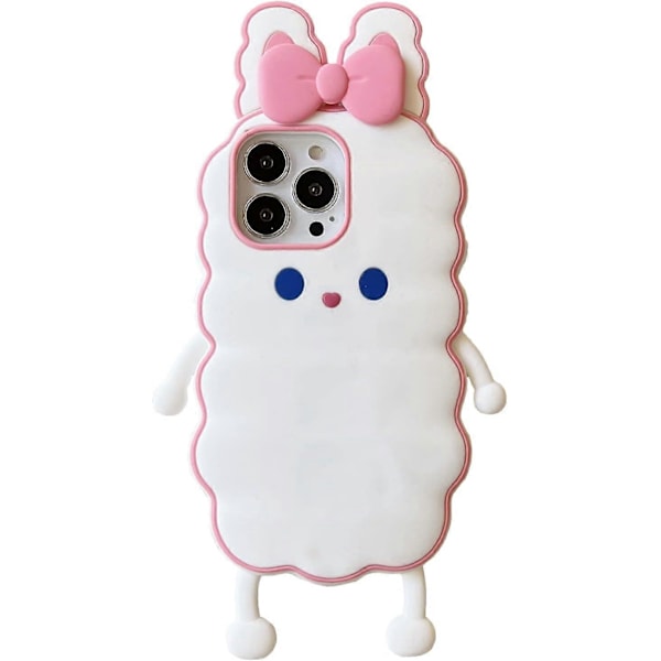 iPhone 13 Pro Max Kanin Deksel Kawaii Telefondeksel, Søt 3D Tegneserie Hvit Kanin med Rosa Sløyfe Myk Silikon Støtsikker