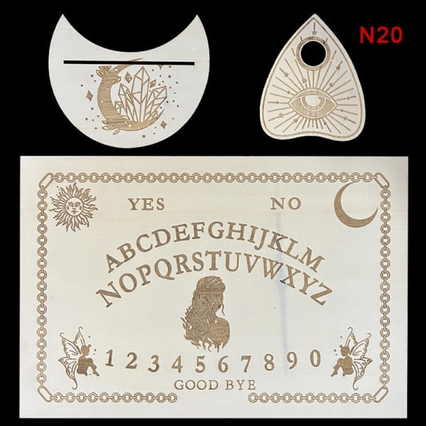 Puinen spiritismilauta kaiverretulla Ouija Boa -taululla - Täydellinen 20