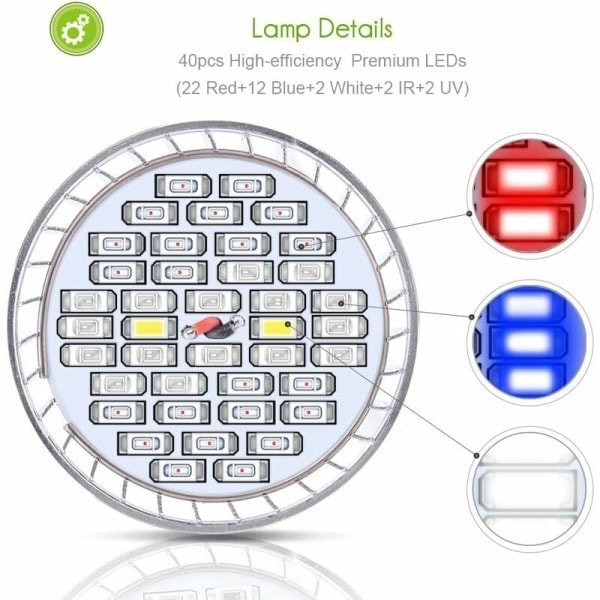 30W 40LED Plantelampe E27 Plantebelysning med 7 bølgelengder AC 85-265V for planter, blomster og grønnsaker innendørs/drivhus/hage89-A