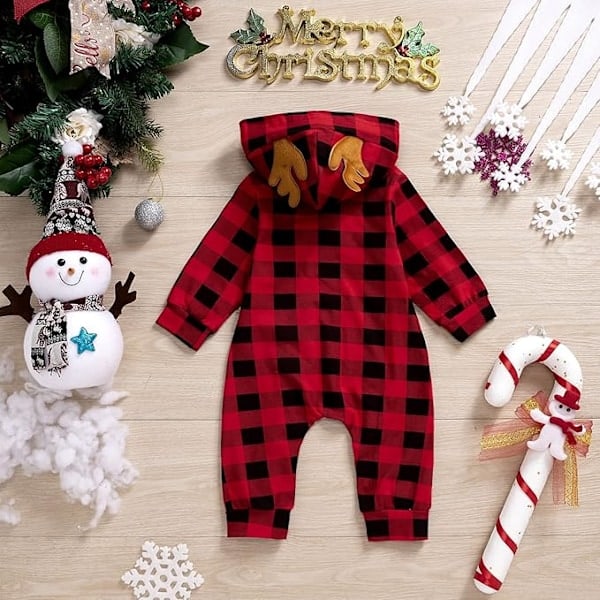 Baby Juldräkt, pojkar och flickor långärmad huvad dragkedja jumpsuit julkläder (0-6 månader)