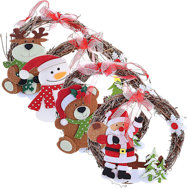 Set med 4 Rattan Julkransar, Julkransprydnader Tomte Snögubbe Älg Väggdekoration Julgranscen Dekorationer