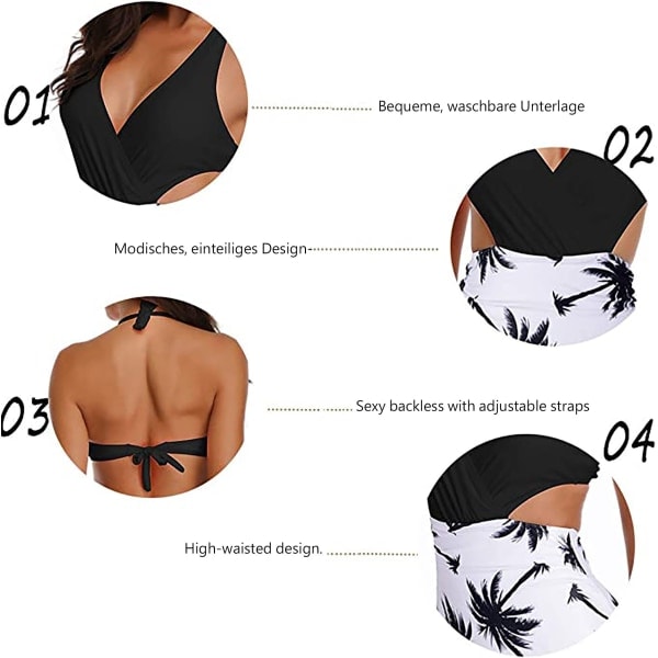 Damernas Halter V-ringad Rygglös Scoop Neck Tummy Control Baddräkt Svart-vit M