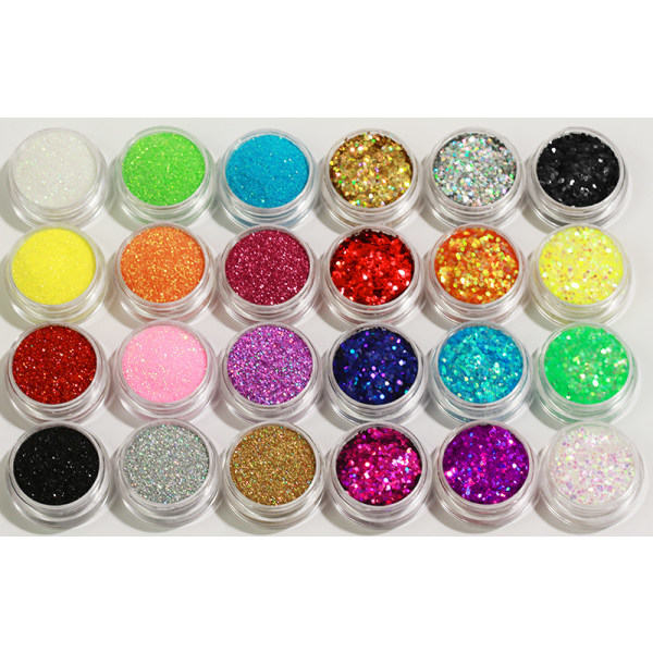 24 glitterbokser for negldekorasjon - fint korn / sekskant