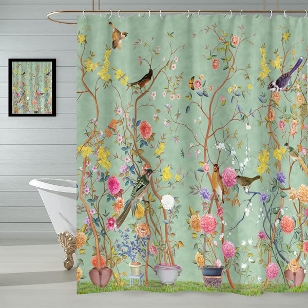 REMAKE Duschdraperi, fjäril fågel blomma vattentät badrumsdraperier