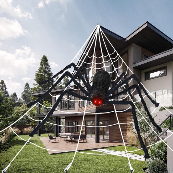 REMAKE Halloween-edderkopp, 200 cm gigantisk edderkopp, Halloween utendørs dekorasjon med 7 m trekantnett 20 g utvidbart edderkoppnett 10 plast edderkopper, skrekk