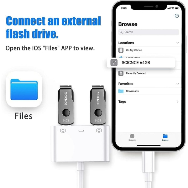 Lightning til USB 3.0 Adapter, USB 3.0 Kameraadapter Kompatibel med iPhone iPad, iPhone USB Adapter med 2 USB 3.0 og 1 Opladningsport, Ingen App...