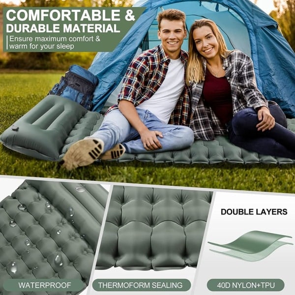 Camping sovematte med fotpumpe og automatisk oppblåsing, grønn