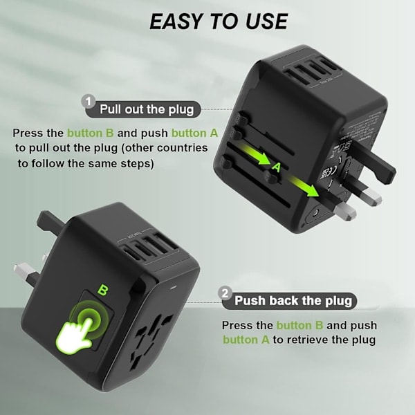 Universal International 5-i-1 med 3.5A 2xUSB-A og 2xUSB-C, væglader og verdensomspændende AC-stik til Europa, USA, Storbritannien, Australien og Asien...