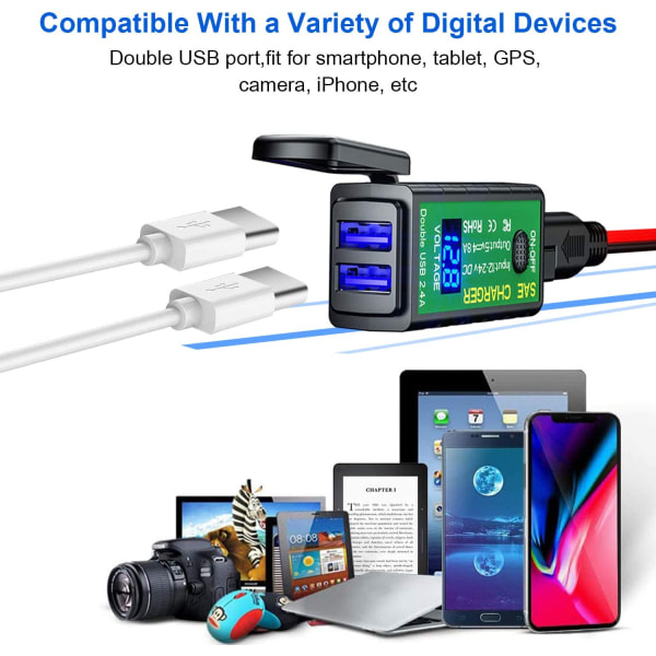 Vanntett USB-lader for motorsykkel, SAE til USB-adapter med bryter og LED-voltmeter, for telefoner, iPad, GPS 12V/24V Lefou