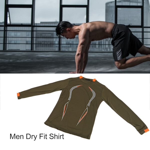 Mænd Dry Fit T-shirt Sommer Sportstræning Åndbar Pæn Print Langærmet Hurtigtørrende T-shirt til Gym Udendørs Hærgrøn M