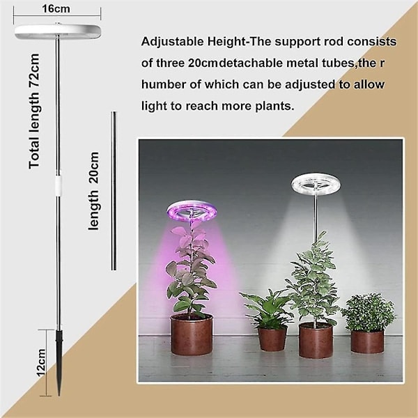 LED-plantelys for innendørs planter, fullspektrum, justerbar høyde, dimmbar og med automatisk timer. EU-kontakt