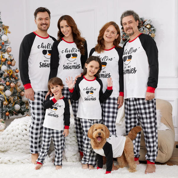 Jultomte Ansikte och Tryck Familjematchande Långärmad Pyjamas Set (Flamsäker) Svart-Vit Kvinna S