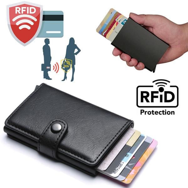 Black-RFID NFC Protection Wallet Card Holder 5 Cards (Genuine Leather)