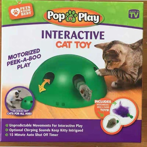Interaktiv katt-leksak, motoriserad titta-boo-lek med mus och fjäder
