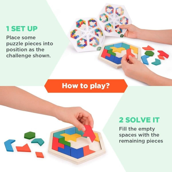 Träpussel för barn - Hexagonformad mönster Tetris block Tangram logik IQ-spel hjärngymnastik leksak present till tonåringar