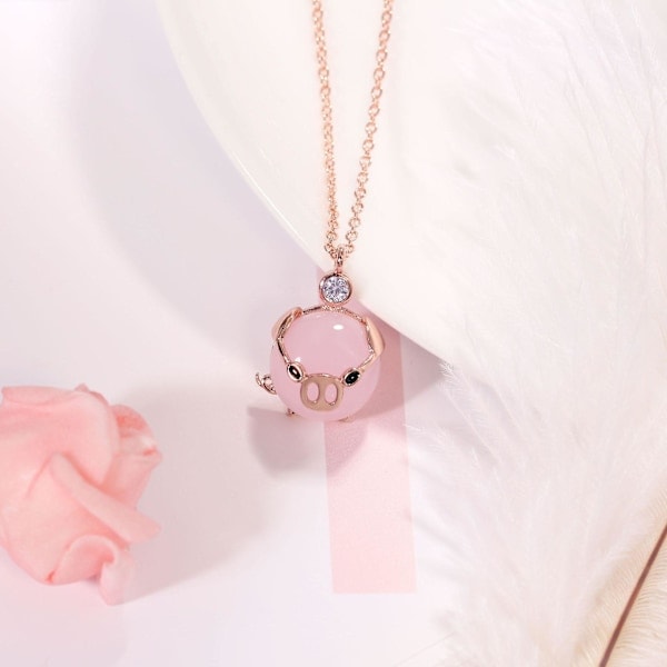 REMAKE Svine Halskæde Kvinder 925 Sterling Sølv Sød Pink Dyr Vedhæng Halskæde Smykker (Rosenguld)