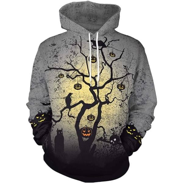 Hettegenser for menn med lang erme, morsom rund hals, kengurulomme, Halloween, jul, flerfarget 3D-print, pullovergenser (Størrelse: XL)