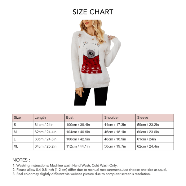 Hvit strikket julegenser med bjørnemotiv for kvinner, rund hals, lange ermer, størrelse XL
