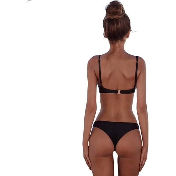 Push-Up Bikini Sæt med Tanga & Lav Talje Sort L