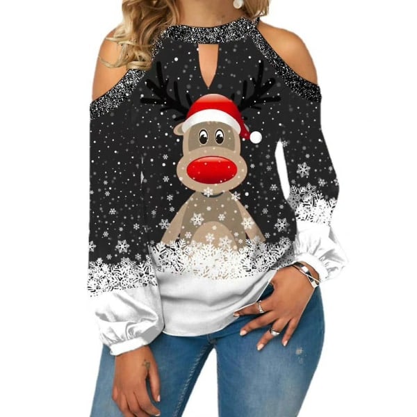 Women Christmas Snowflake Print T-shirt Xmas Long Sleeve Cold Shoulder Shirts Blouse Casual Loose Tops Plus Size Black M