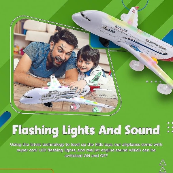 Leksaksplan för barn, Bump And Go-funktion, småbarn med LED-blinkande lampor och ljud för pojkar och flickor 3-12 år (Airbus A380)