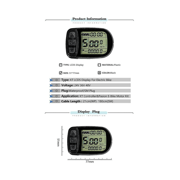 Ebike KT-LCD5 Display 24v36v48v72v 5-polet / Vandtæt Kontaktdisplay til Elcykel Intelli Sort