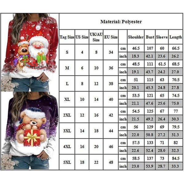 Juletrøje til kvinder med print af julemanden, snemanden og en bjørn - Rund hals, lange ærmer, løs pullover, casual top, stil 2 XL