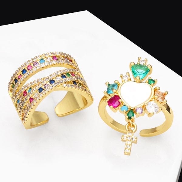 Europeiskt och amerikanskt smyckesmode lätt lyx pekfingerring retro personlighet färg zirkon öppen ring kvinna-A