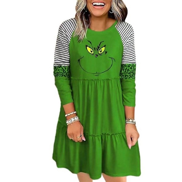 Plus Size Joulupuku Grinch -raidallinen T-paita-mekko Naisille Joulu Vihreä Hirviö Pitkähihainen Minimekko -Xin 3XL