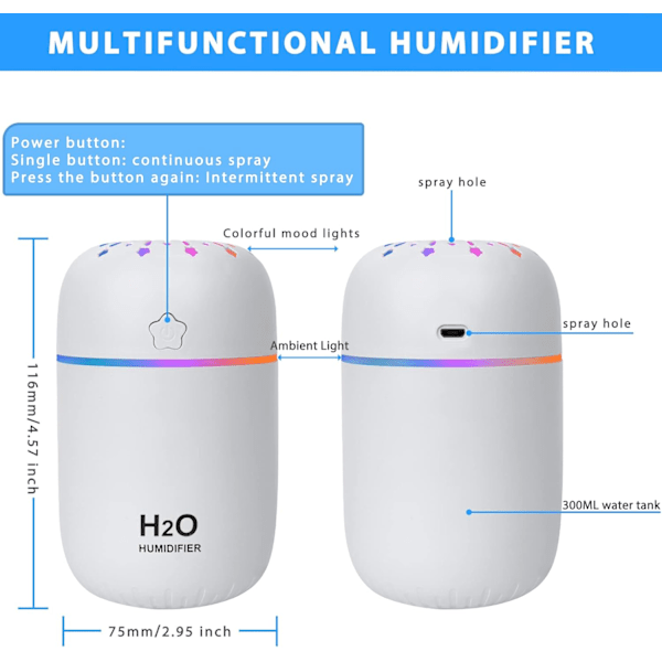 Luftfuktare, kall dimma mini luftfuktare, 300ml bärbar