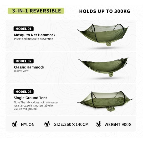 Ulkoilma-riippukeinu hyttysverkolla | Nylon-matkariippukeinu | Maksimikuorma 300 kg | 260 x 140 cm | Leirintävarusteet ulkokäyttöön